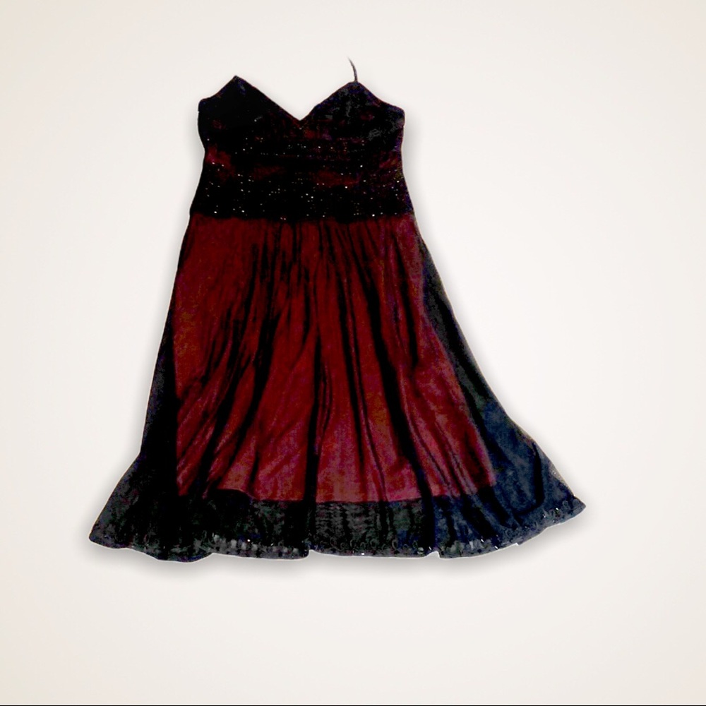 Sheer black party dress w beaded bodice & red slip